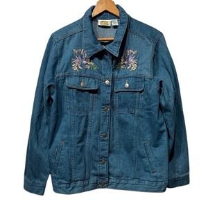 Collections Etc Denim Jacket Floral Embroidered Blue Cotton Long Sleeve‎ Women L
